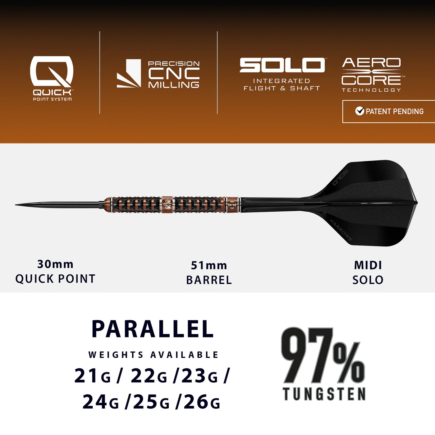 Harrows - Wolfram Trinity 97% Quick Point Steeldarts